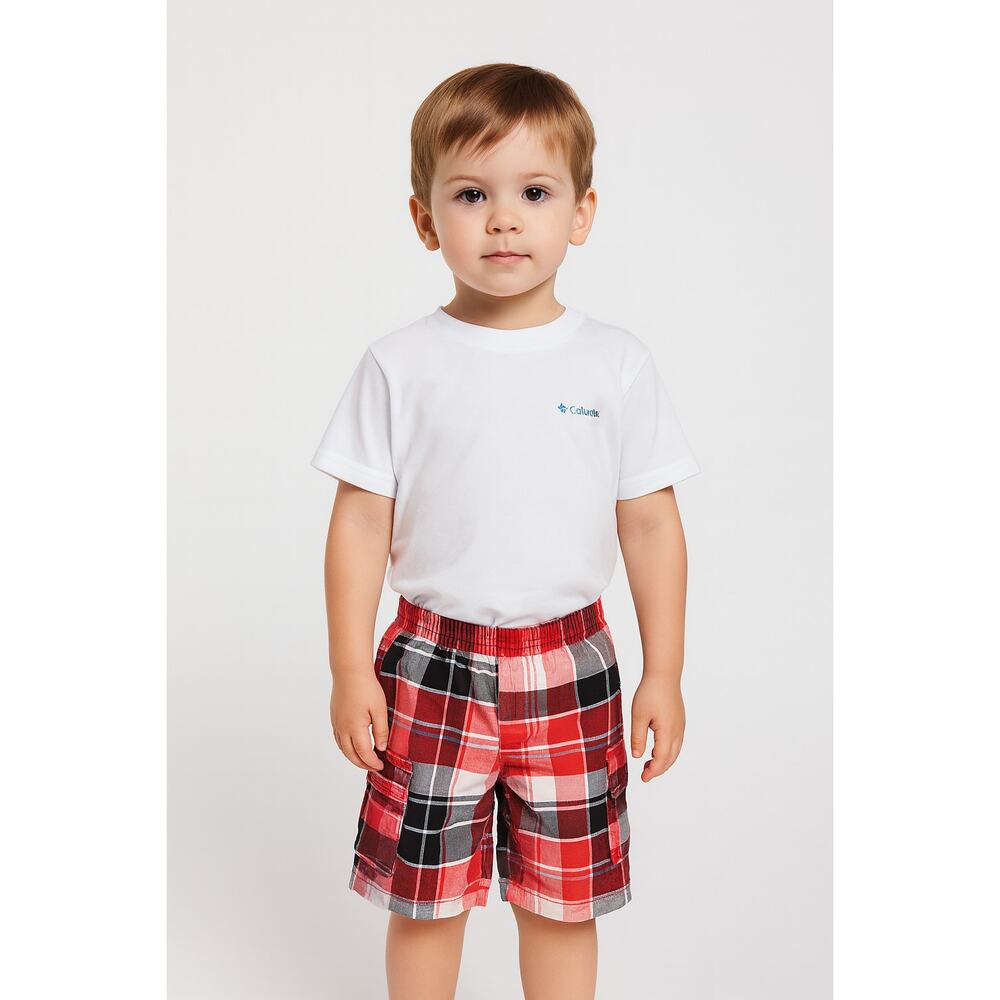 Rocawear Boys Plaid Cargo Shorts 3T Red Gray Pull-On Elastic Waist Casual